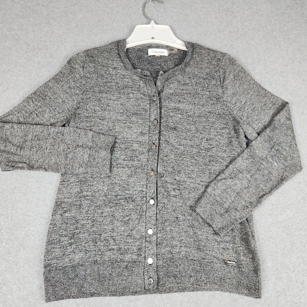 Calvin Klein Cardigan Sweater Womens Medium Gray Marled Crew Neck Button Front